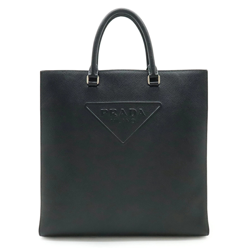 Prada Embossed Triangle Tote Bag Briefcase Leather NERO Black Strap
